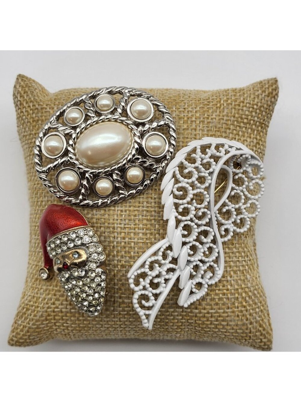 Vintage Brooch Pin Lot Monet Signed Rhinestone Santa Faux Pearl Enamel
